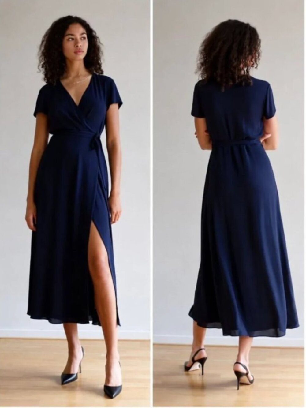 Aritzia Babaton Blue Midi Wrap Dress Slit XS Short Sleeve